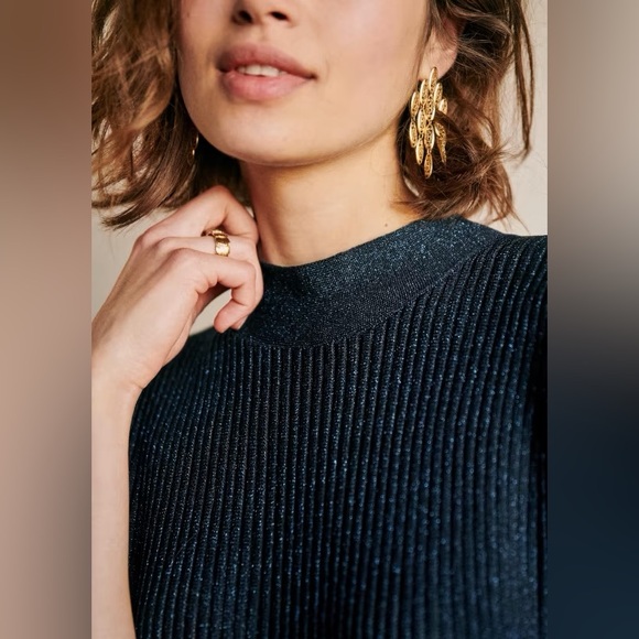 Sezane Eleanor RARE Blue Lurex Knit Bow Tie A-Line Dress Sz M - Picture 5 of 14